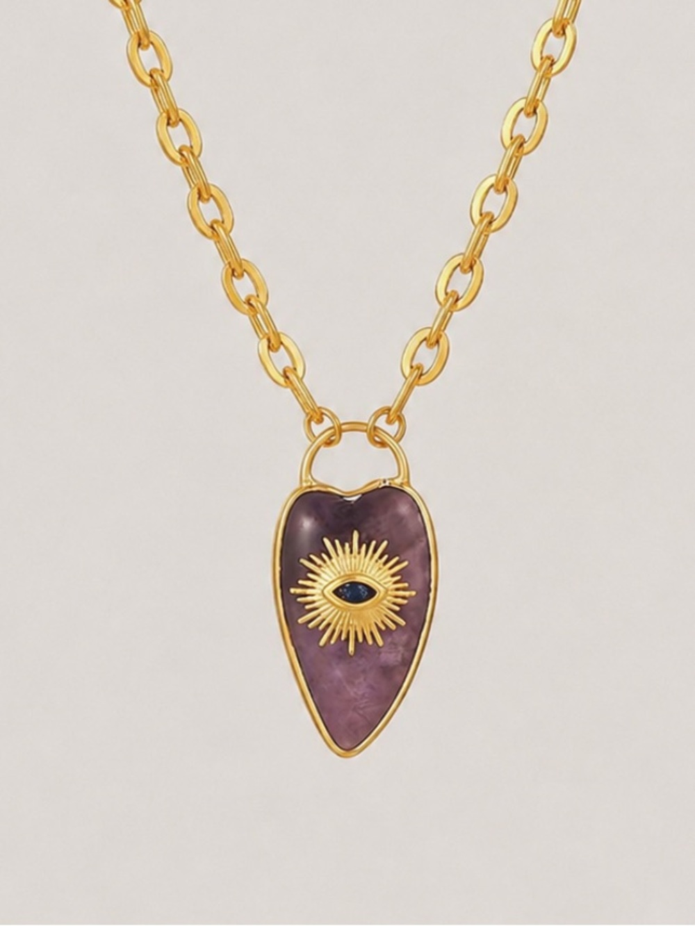 New! Purple Amethyst Natural Stone Evil Eye Gold Chain Necklace NWOT